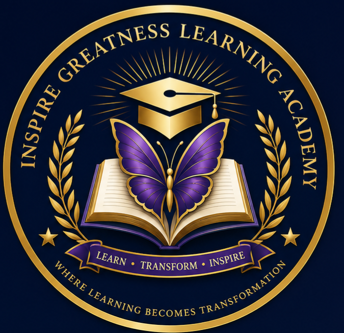 Inspire Greatness Learning Academy seal — Learn, Transform, Inspire